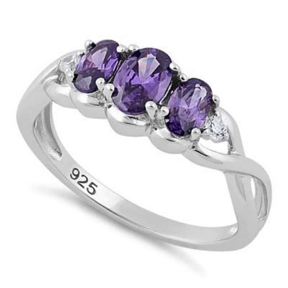 Three Stone Oval Amethyst CZ 925 Sterling Silver Twist Band Ring Size 6 New